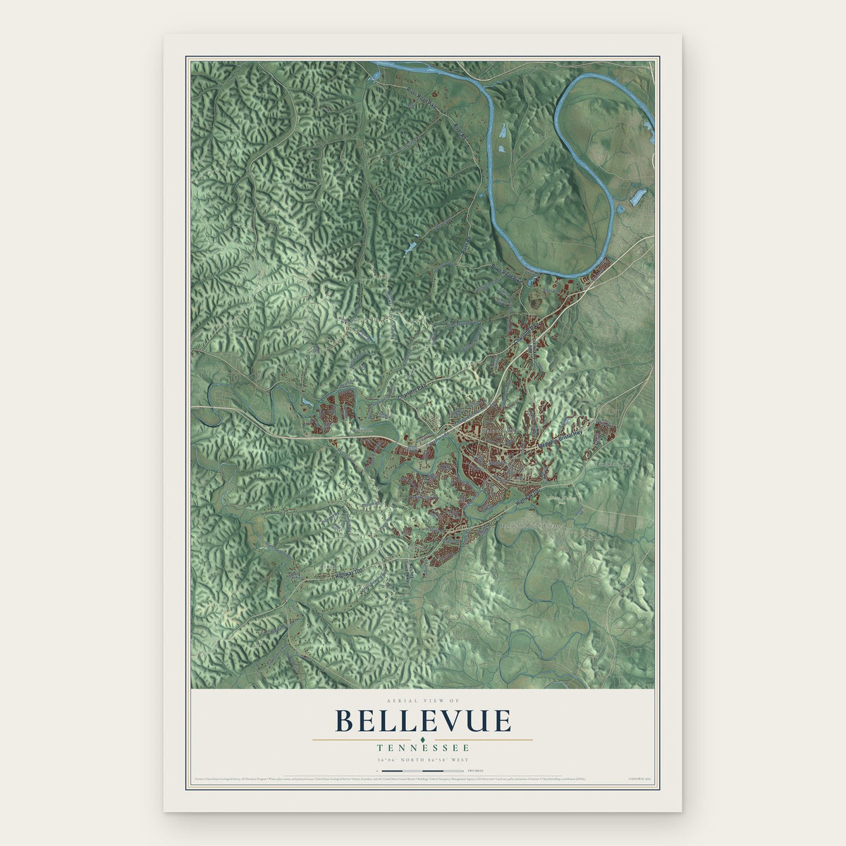 Bellevue, Tennessee map print, the full design