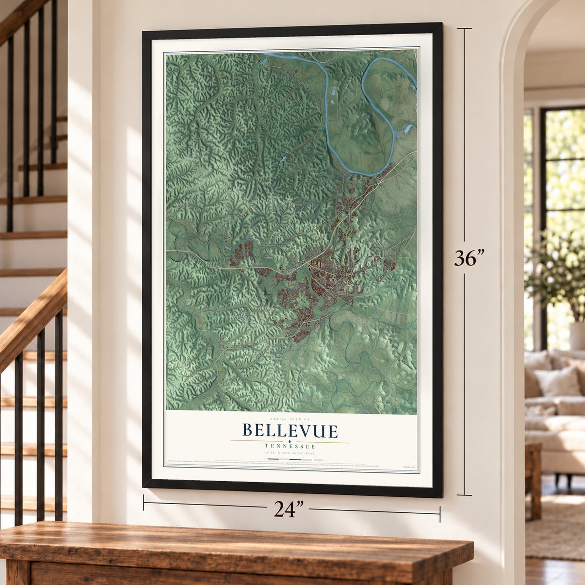 Bellevue, Tennessee map, 24 x 36 inch print in a black frame by a staircase