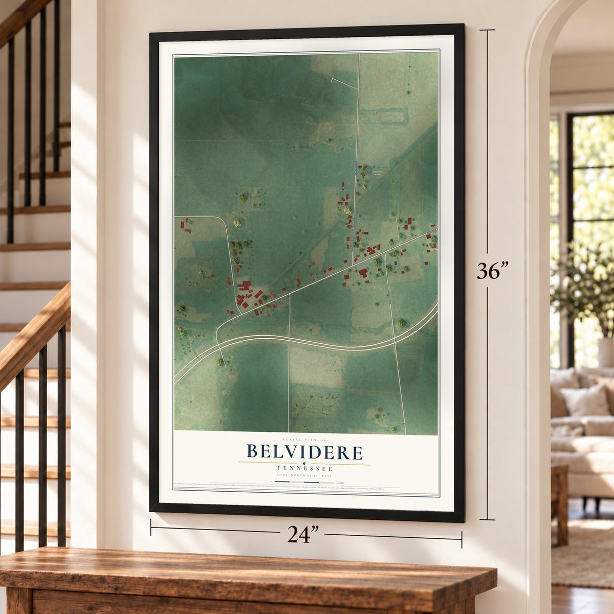 Belvidere, Tennessee map, 24 x 36 inch print in a black frame by a staircase