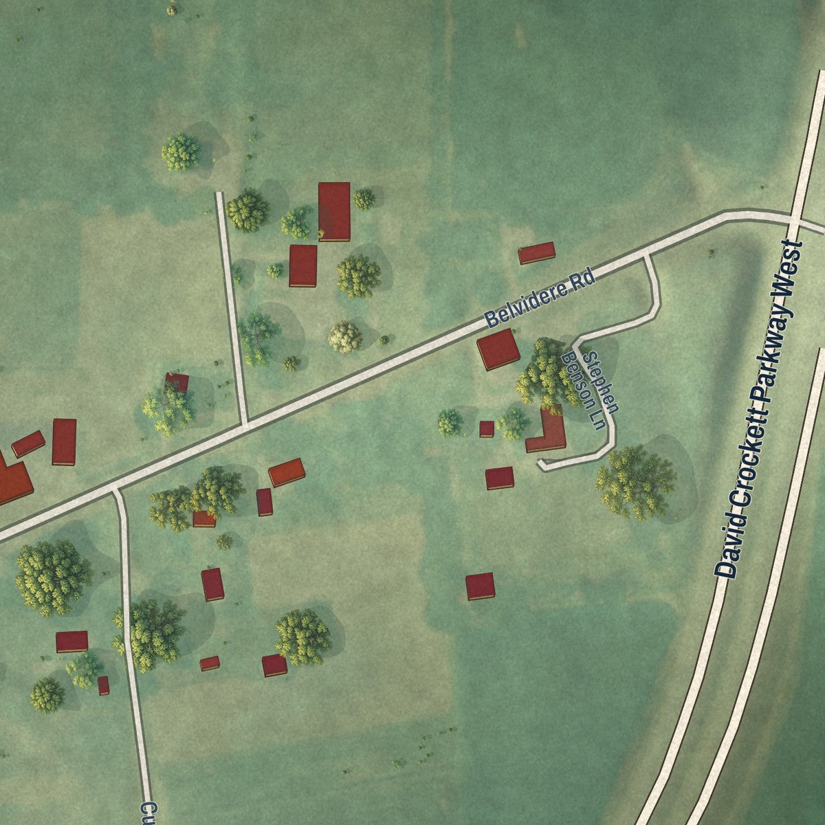 Close-up of the map of Belvidere, Tennessee print showing street and building detail