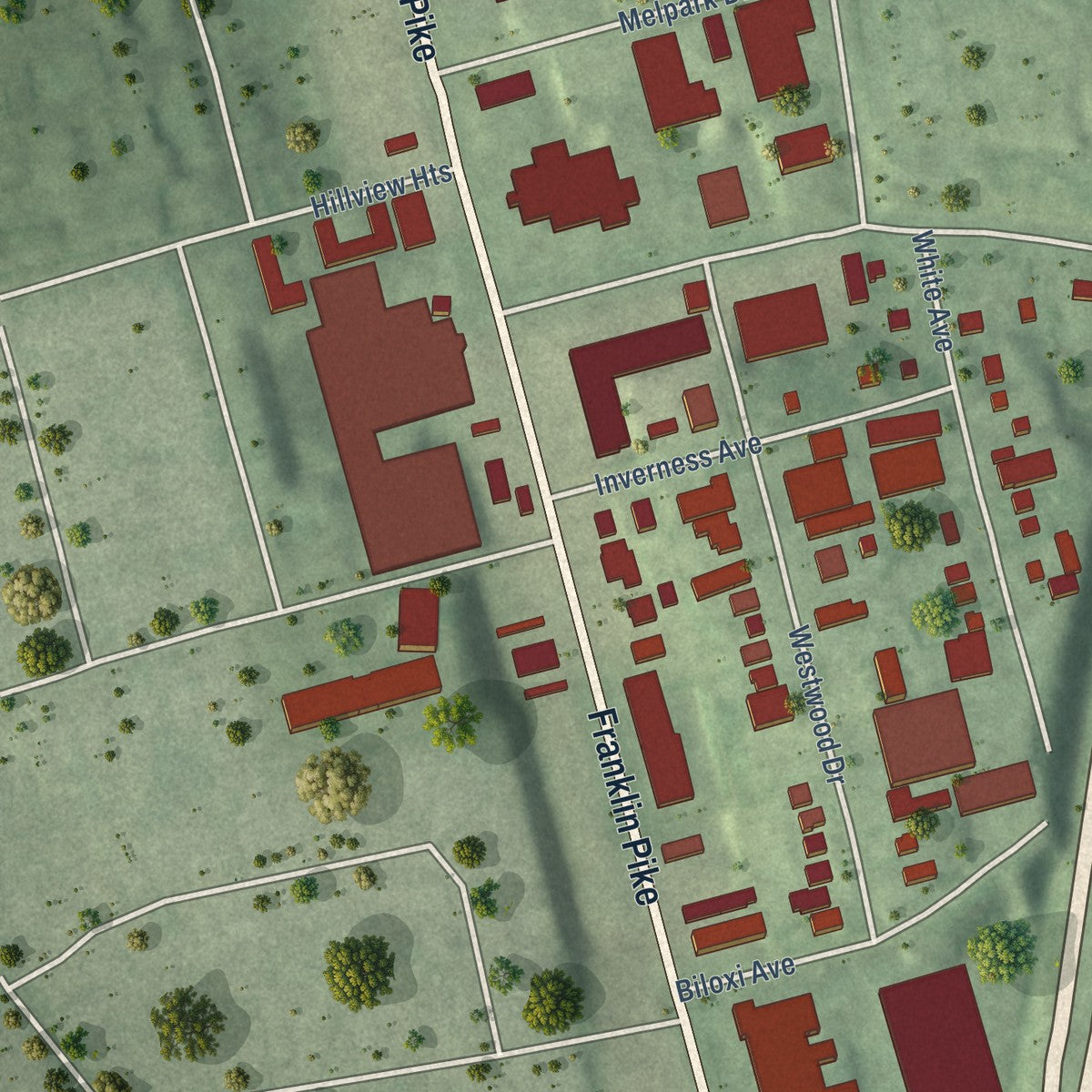 Second close-up of the map of Berry Hill, Tennessee print showing more streets and buildings