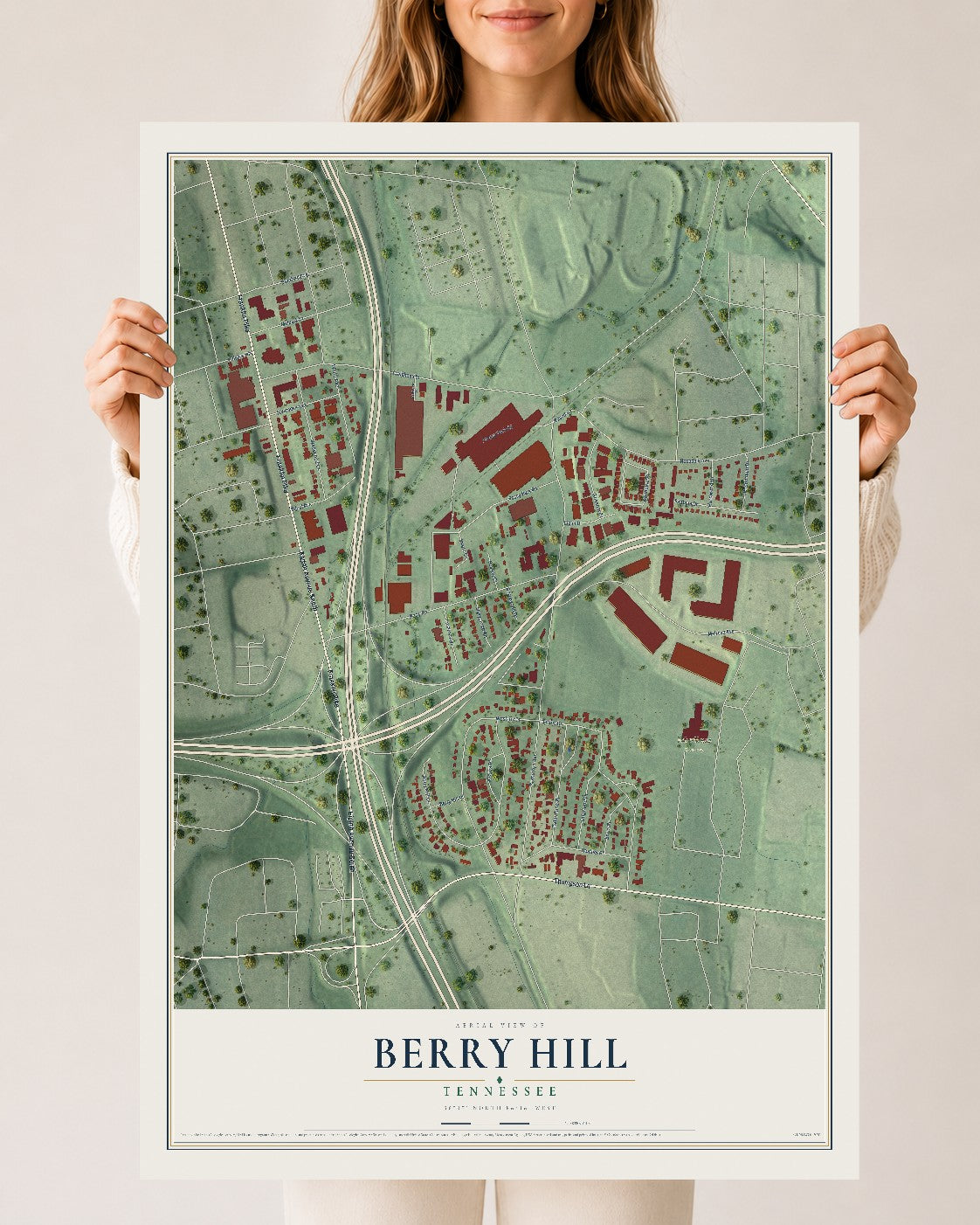 Map of Berry Hill, Tennessee, 24 x 36 inch unframed archival matte print