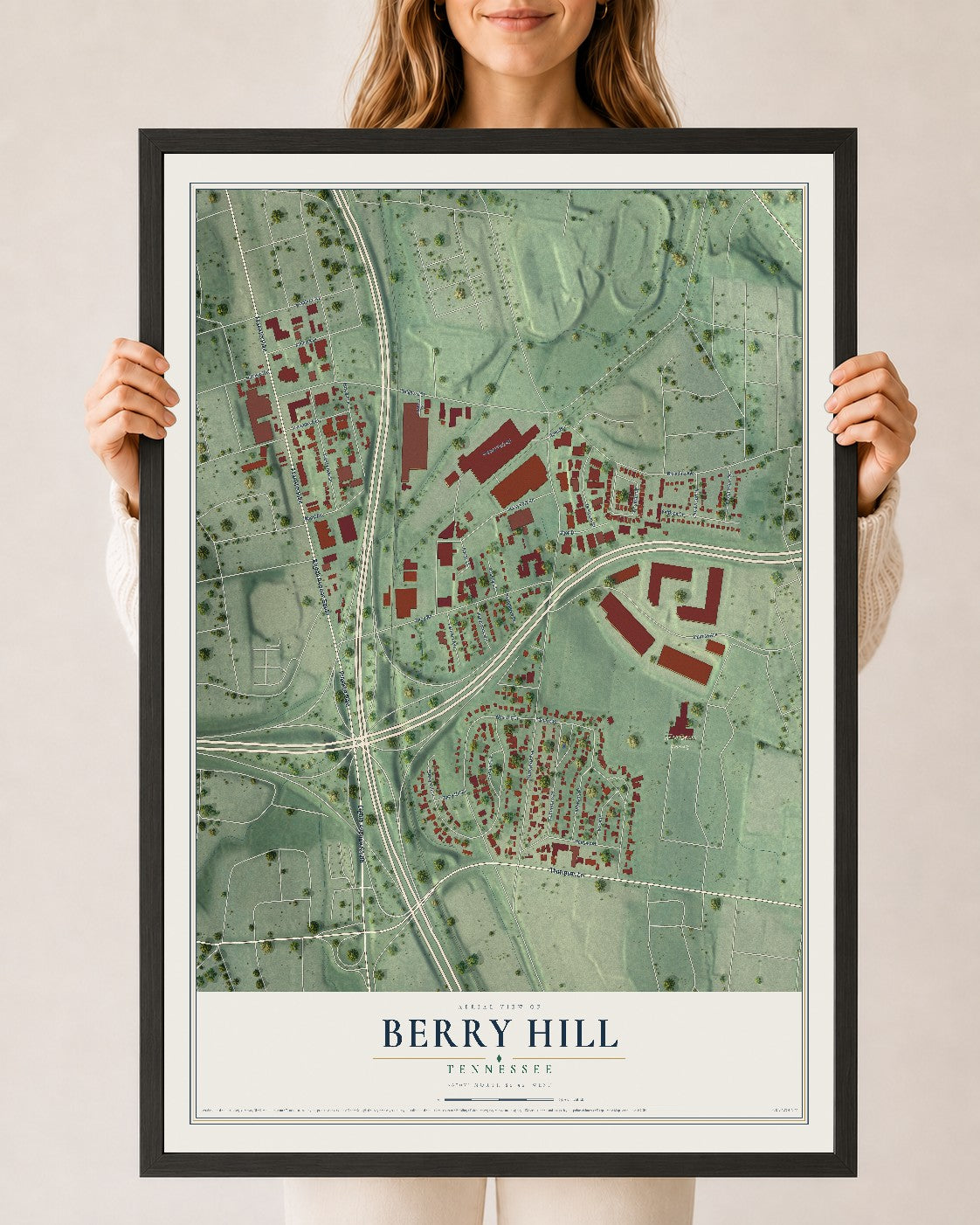 Map of Berry Hill, Tennessee, 24 x 36 inch print in a black wood frame