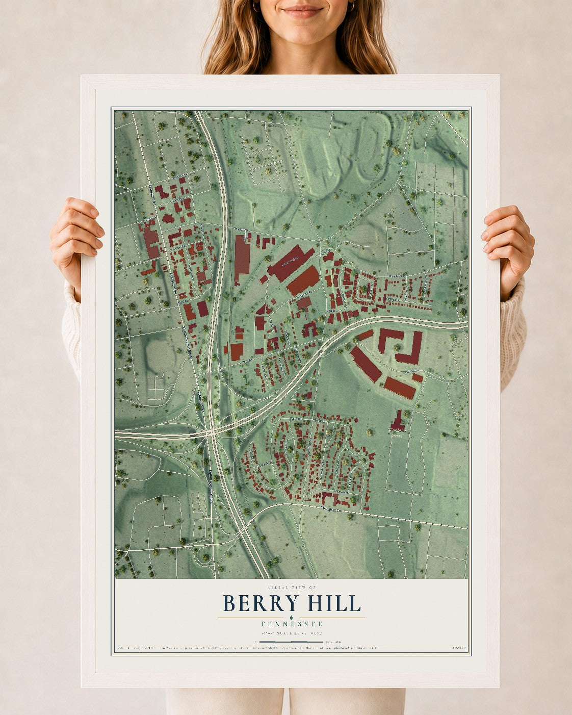 Map of Berry Hill, Tennessee, 24 x 36 inch print in a white wood frame