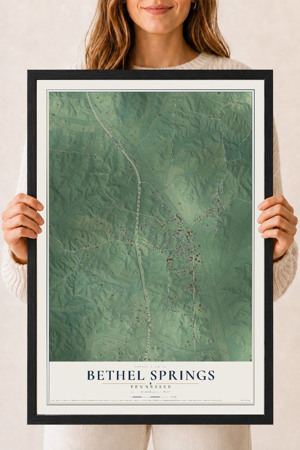 Map of Bethel Springs, Tennessee, 18 x 24 inch print in a black wood frame