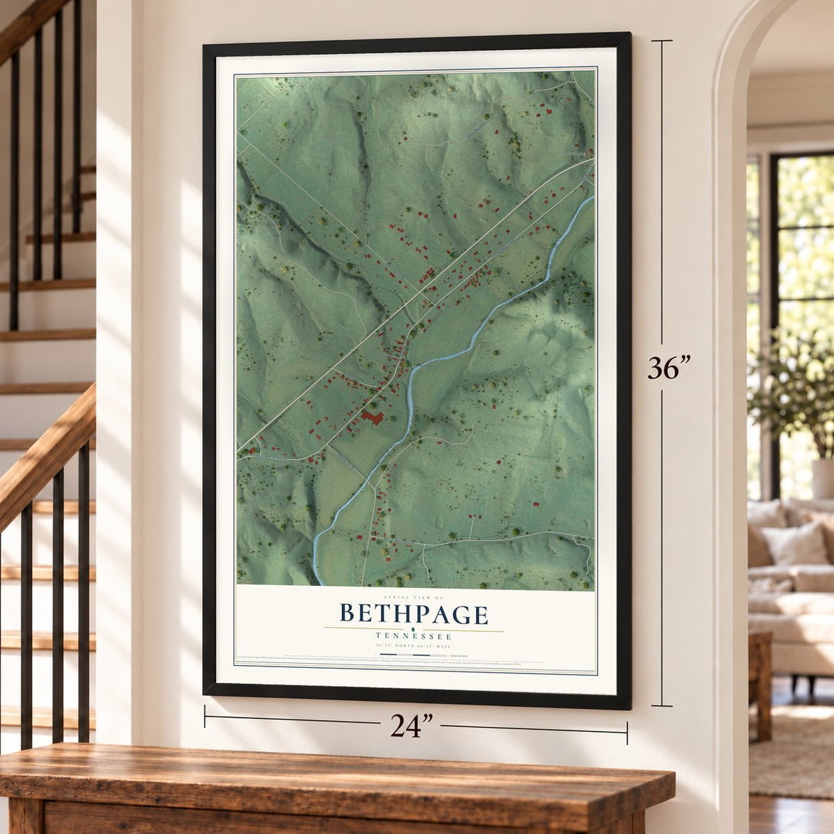 Bethpage, Tennessee map, 24 x 36 inch print in a black frame by a staircase
