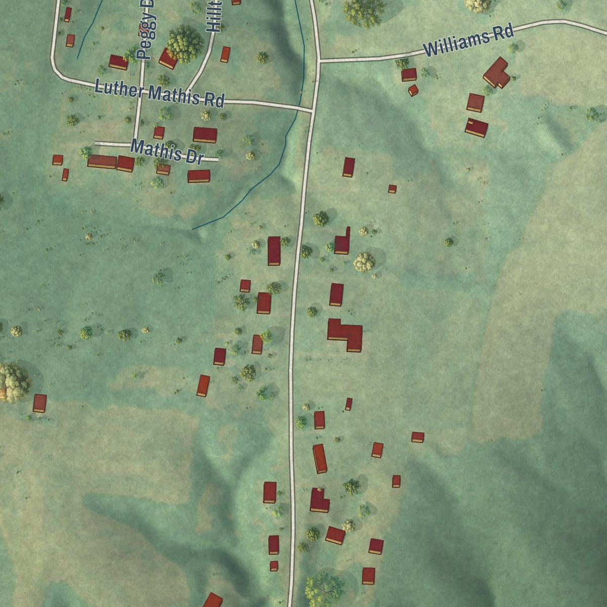Close-up of the map of Big Rock, Tennessee print showing street and building detail