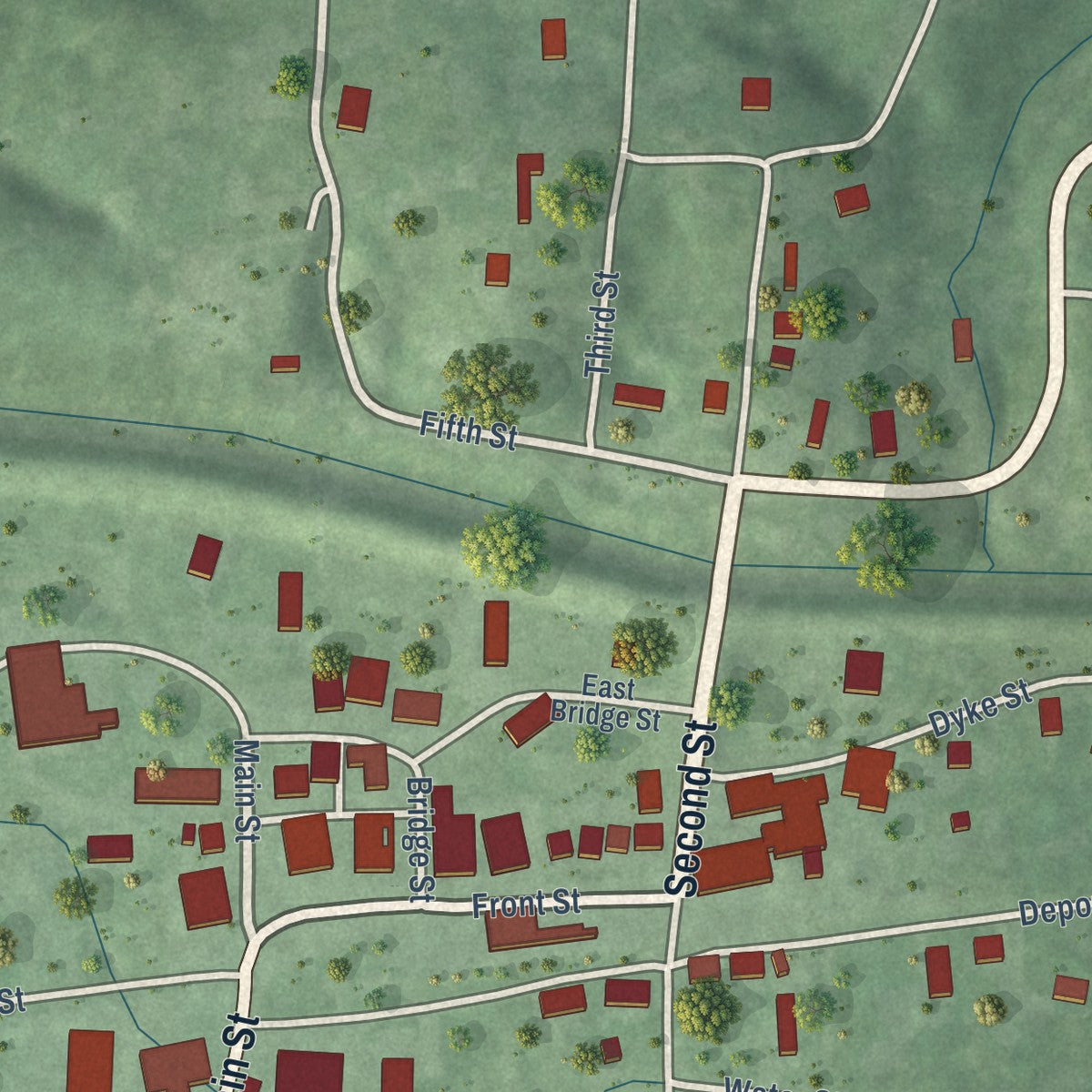 Close-up of the map of Big Sandy, Tennessee print showing street and building detail