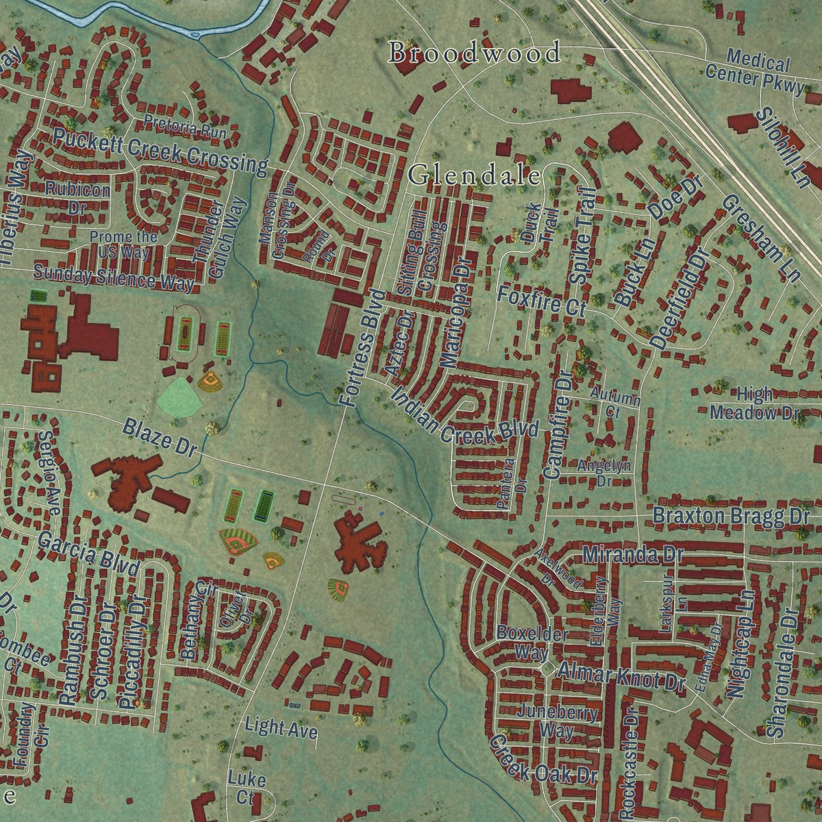 Close-up of the map of Blackman, Tennessee print showing street and building detail