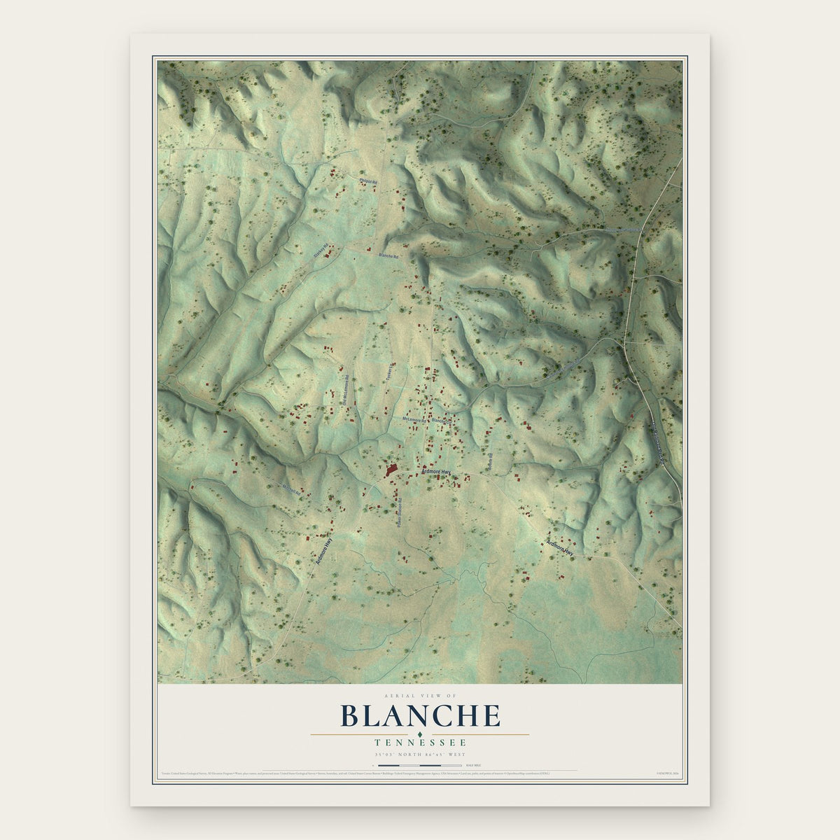 Blanche, Tennessee map print, the full design