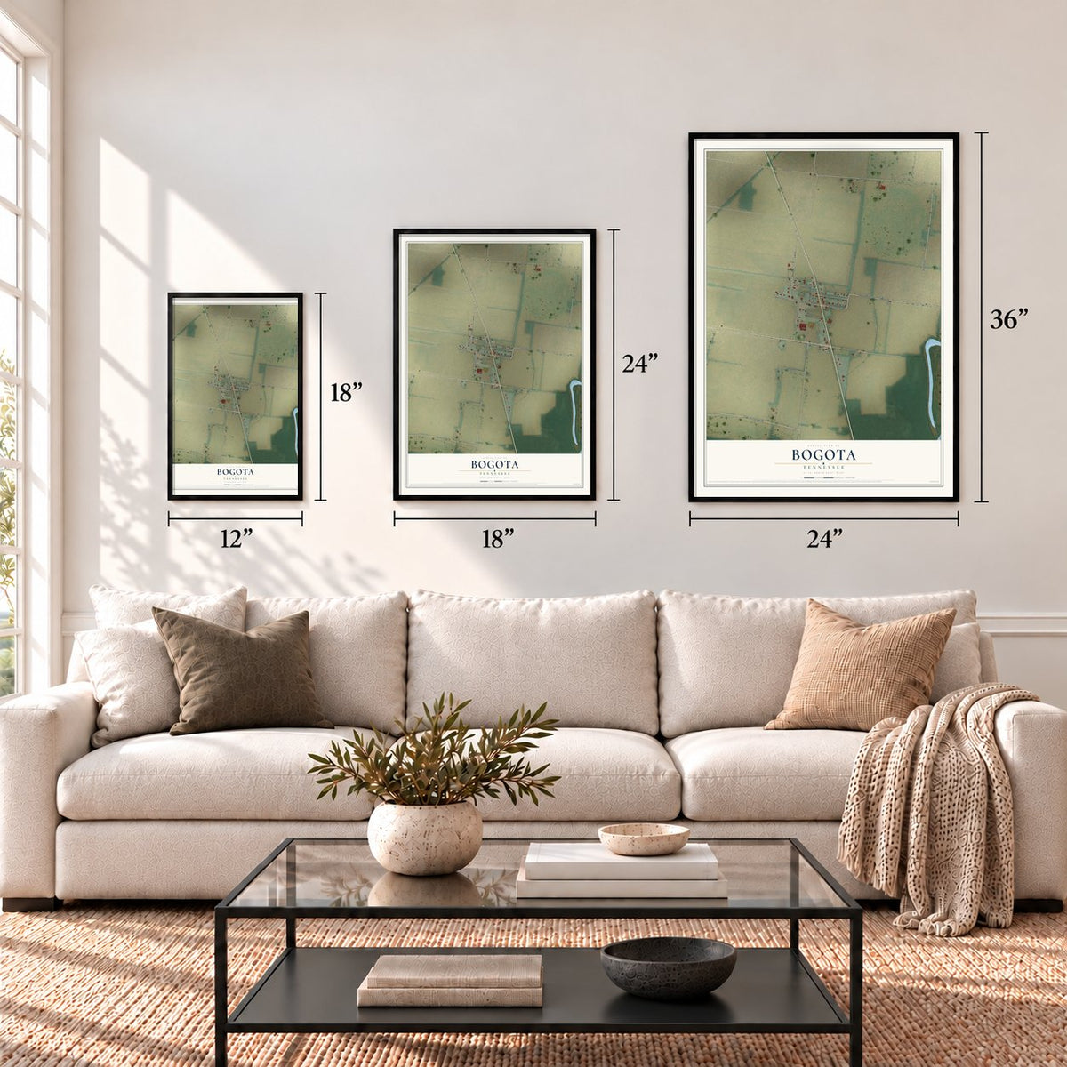 Bogota, Tennessee map in 12 x 18, 18 x 24 and 24 x 36 inch sizes above a sofa