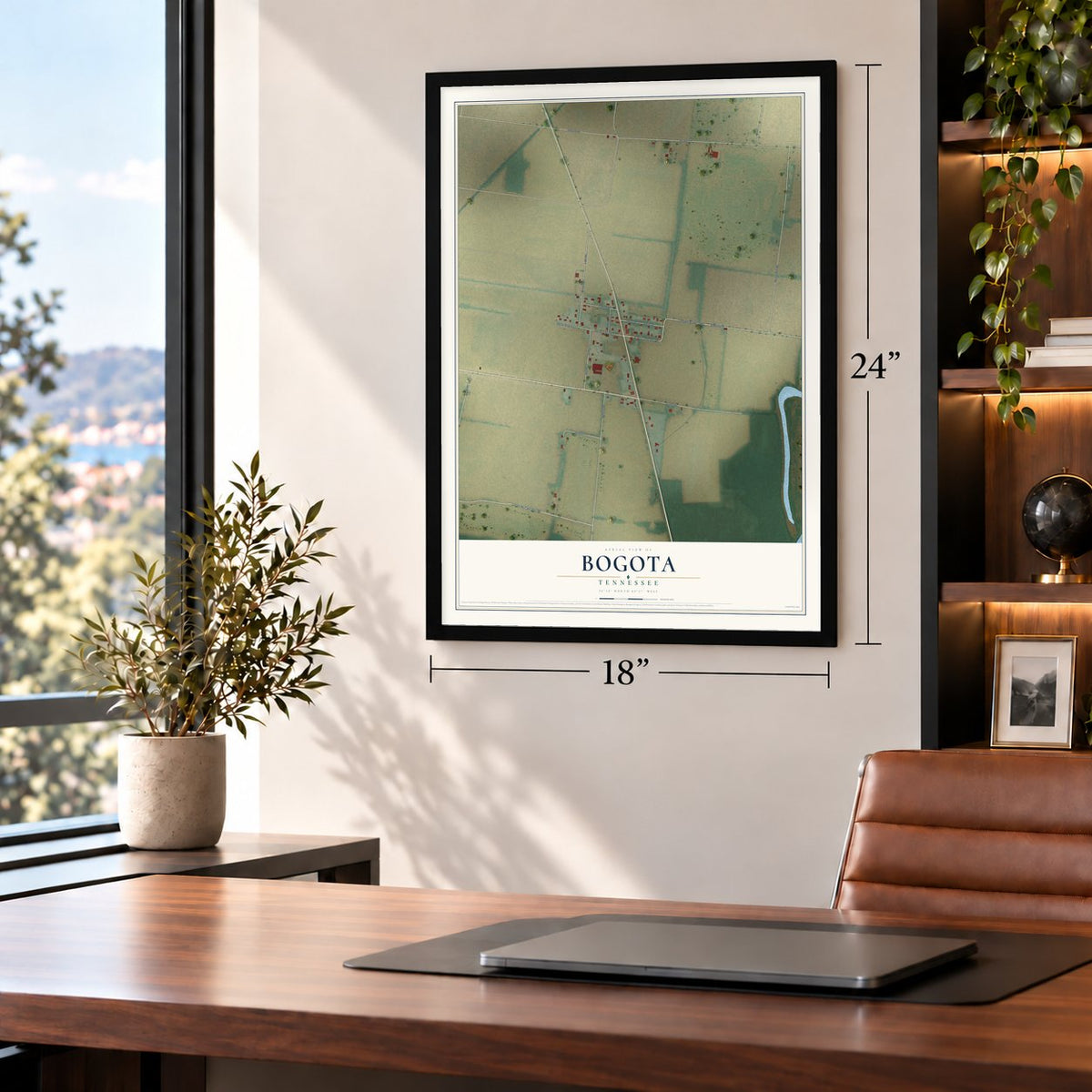 Bogota, Tennessee map, 18 x 24 inch print in a black frame in a home office