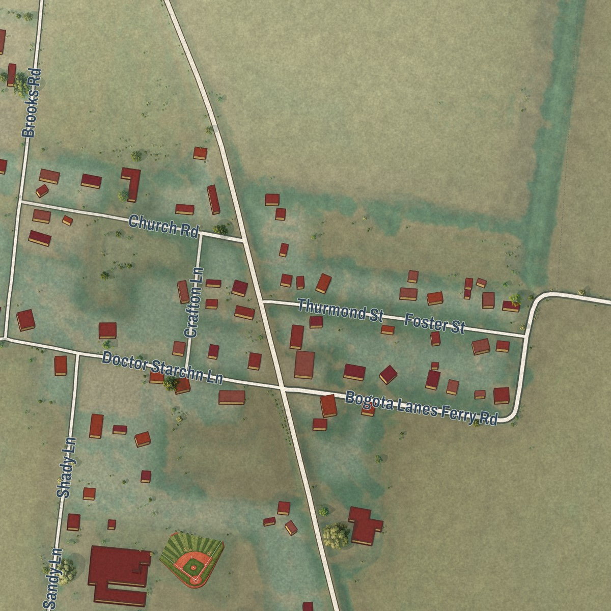 Close-up of the map of Bogota, Tennessee print showing street and building detail