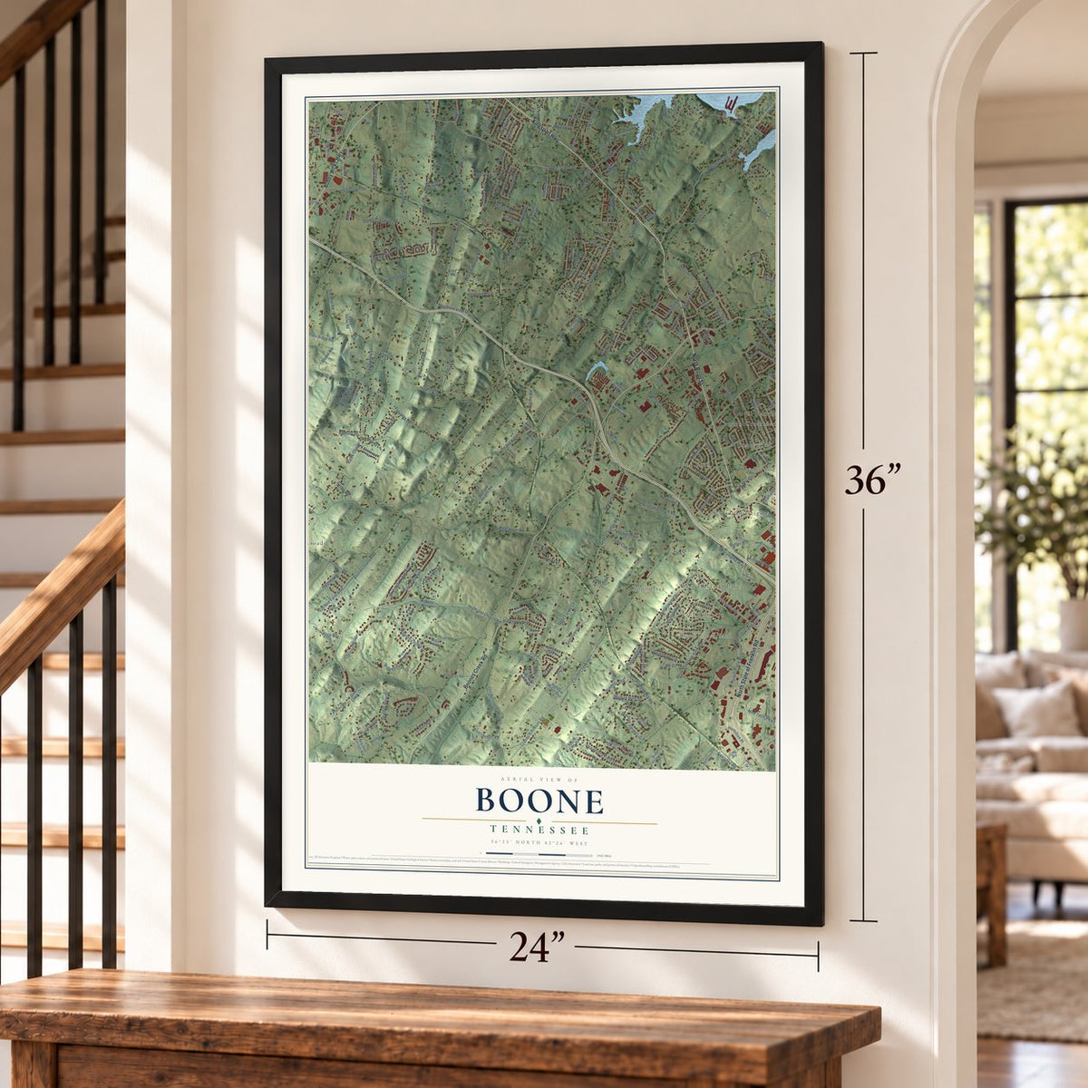 Boone, Tennessee map, 24 x 36 inch print in a black frame by a staircase
