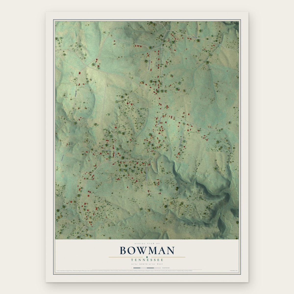 Bowman, Tennessee map print, the full design
