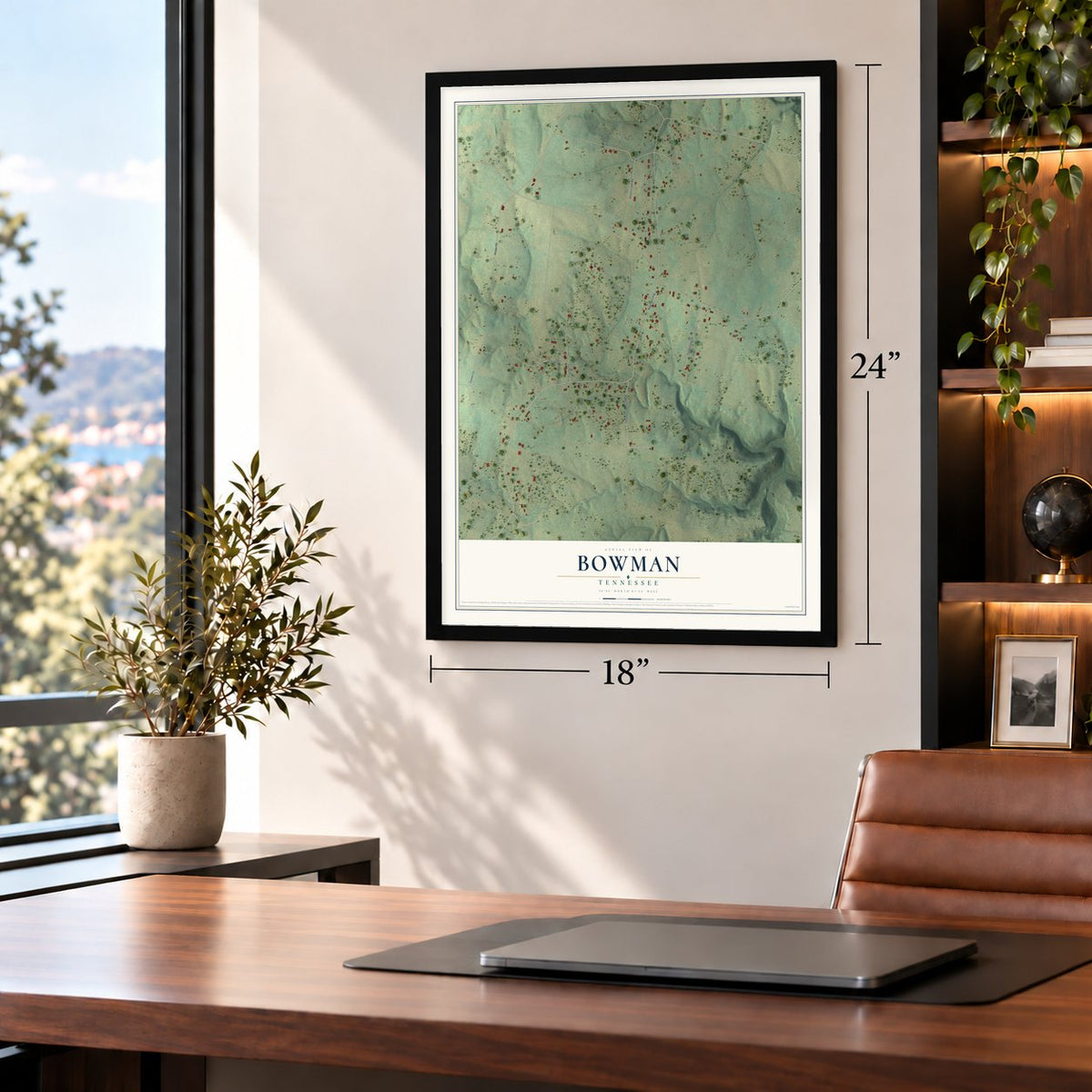 Bowman, Tennessee map, 18 x 24 inch print in a black frame in a home office