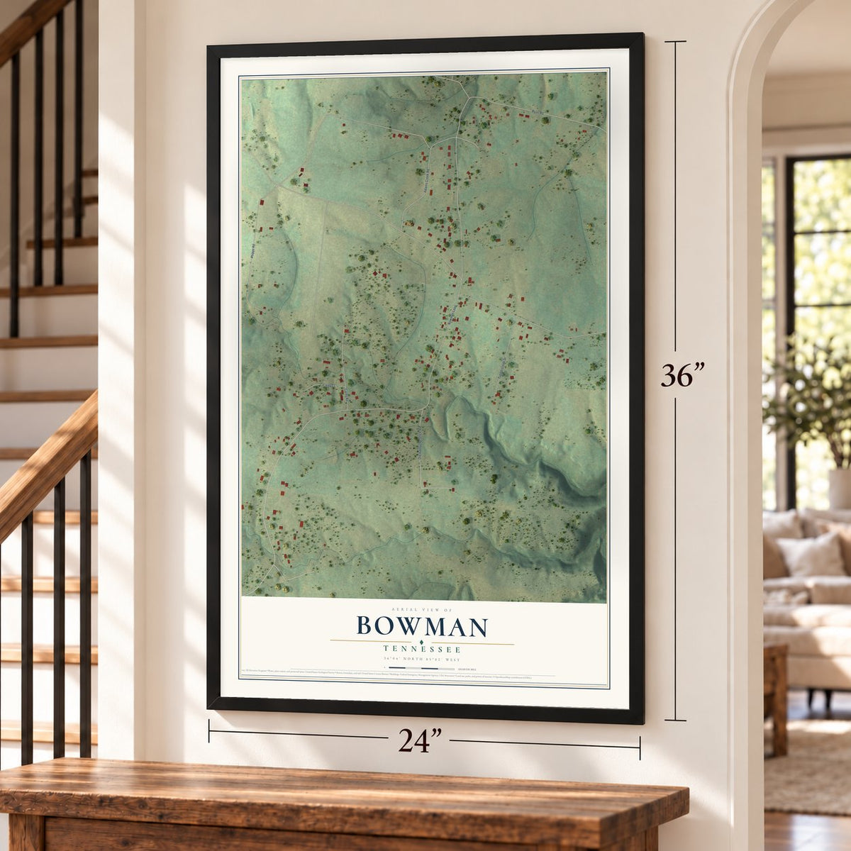 Bowman, Tennessee map, 24 x 36 inch print in a black frame by a staircase