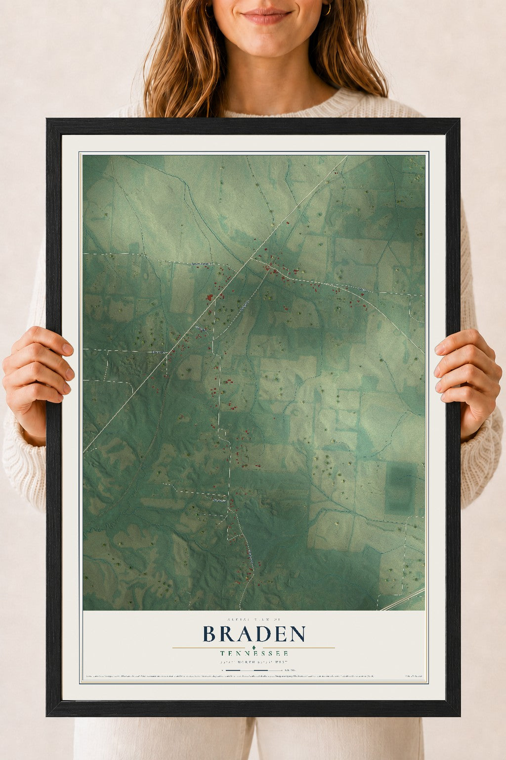 Map of Braden, Tennessee, 18 x 24 inch print in a black wood frame