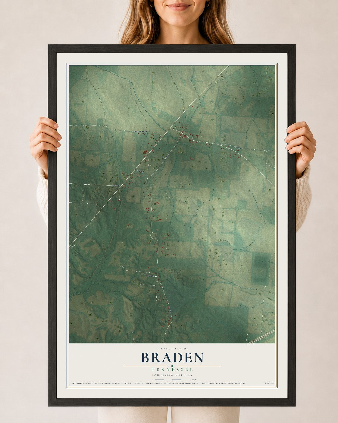 Map of Braden, Tennessee, 24 x 36 inch print in a black wood frame