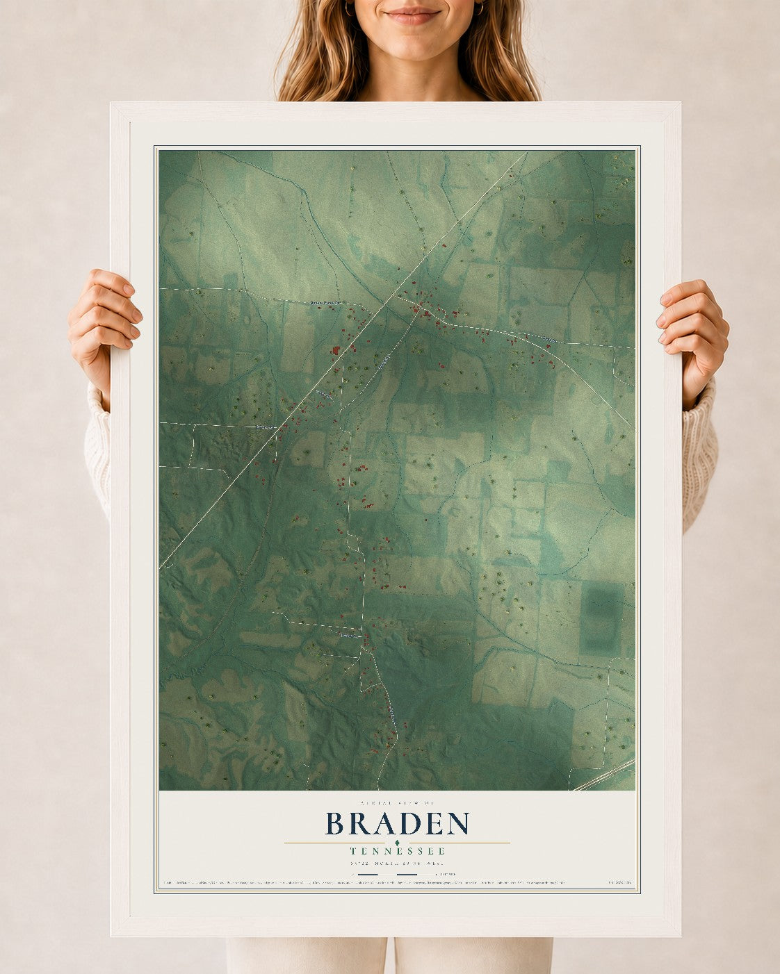Map of Braden, Tennessee, 24 x 36 inch print in a white wood frame