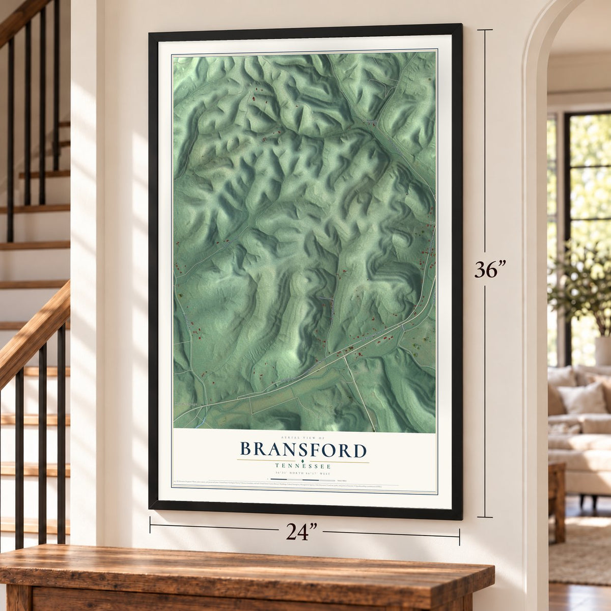 Bransford, Tennessee map, 24 x 36 inch print in a black frame by a staircase