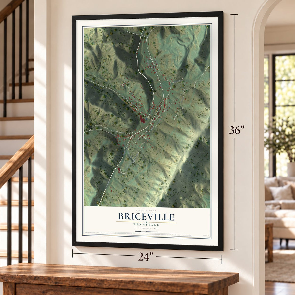 Briceville, Tennessee map, 24 x 36 inch print in a black frame by a staircase