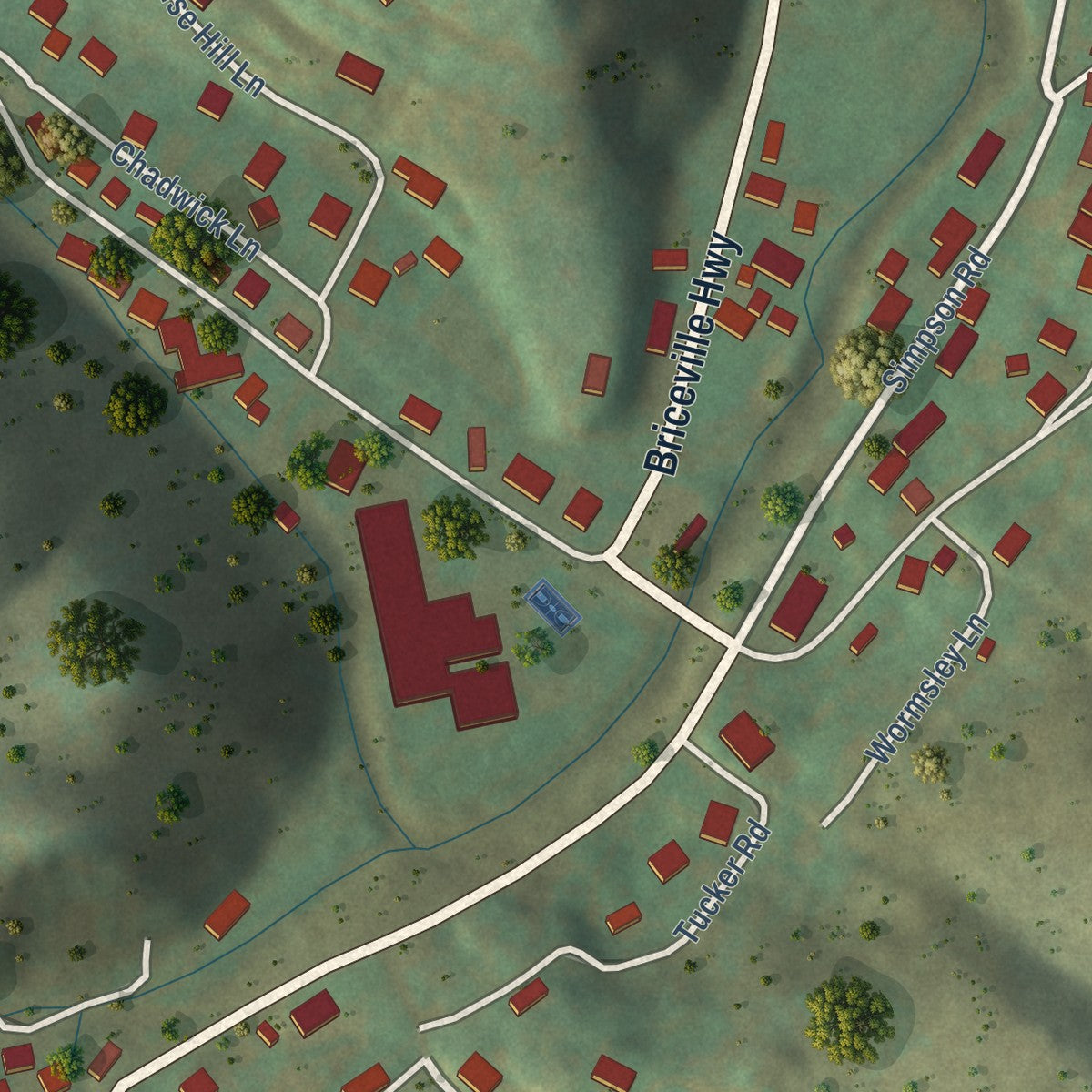 Close-up of the map of Briceville, Tennessee print showing street and building detail