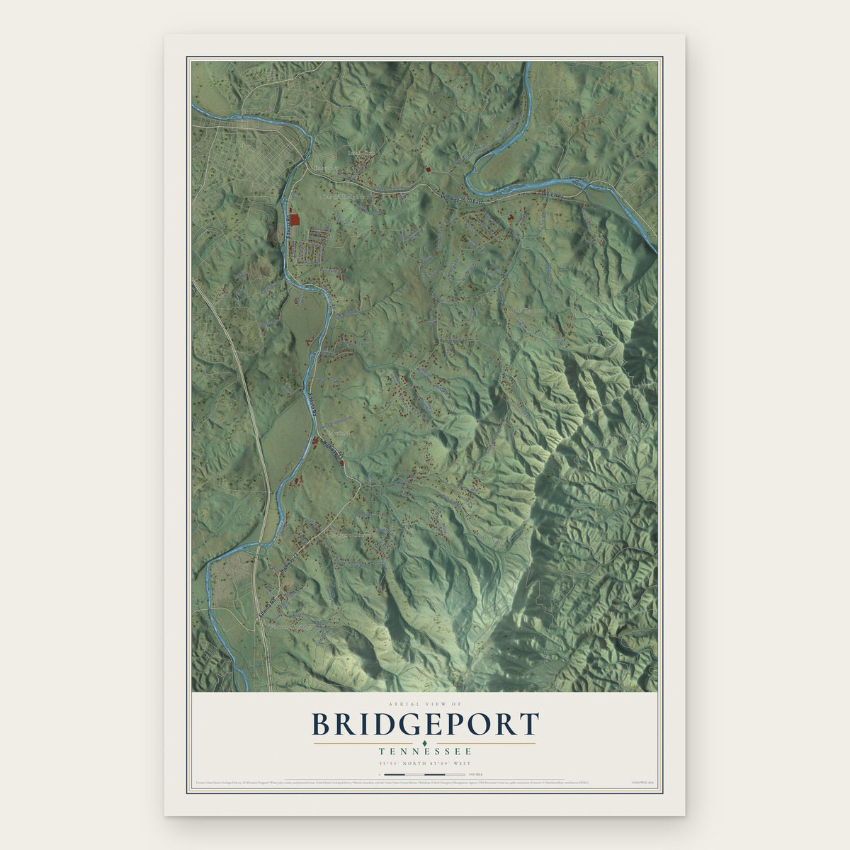 Bridgeport, Tennessee map print, the full design