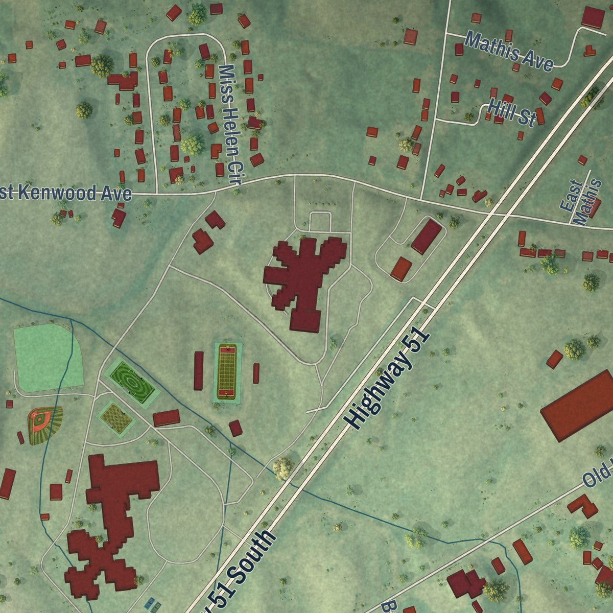 Close-up of the map of Brighton, Tennessee print showing street and building detail