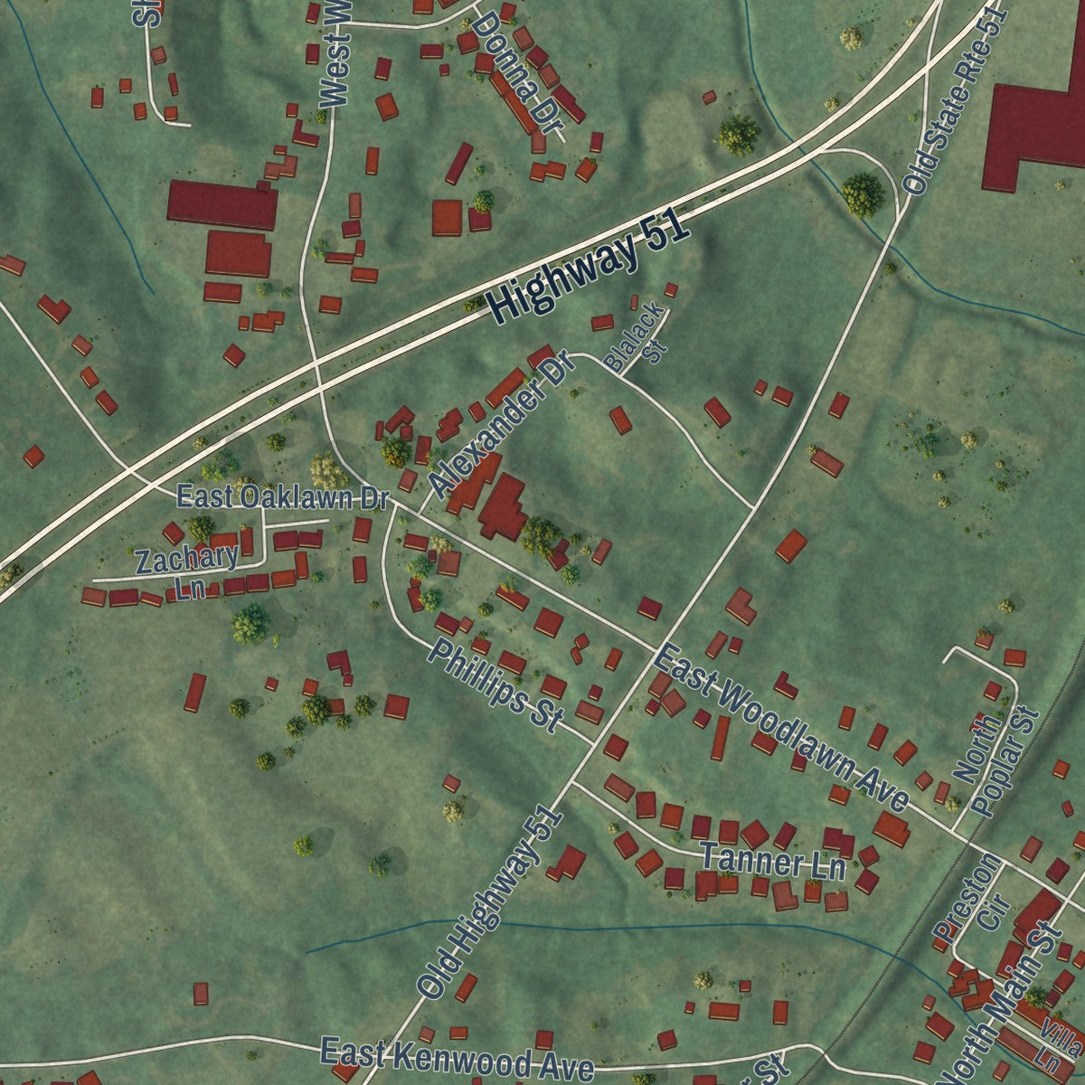 Second close-up of the map of Brighton, Tennessee print showing more streets and buildings