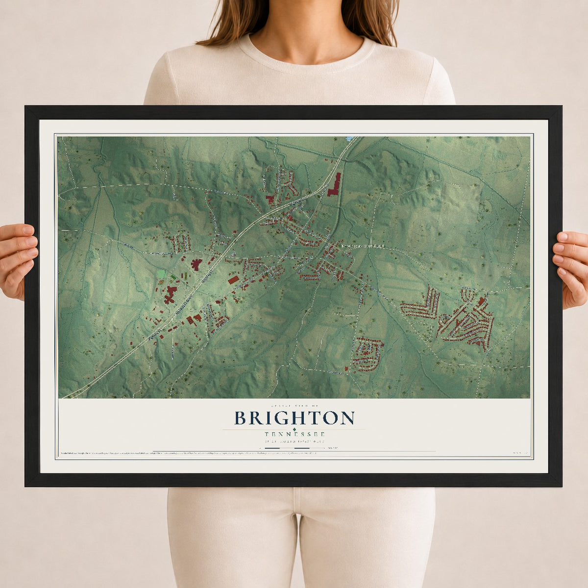 Map of Brighton, Tennessee, 18 x 24 inch print in a black wood frame