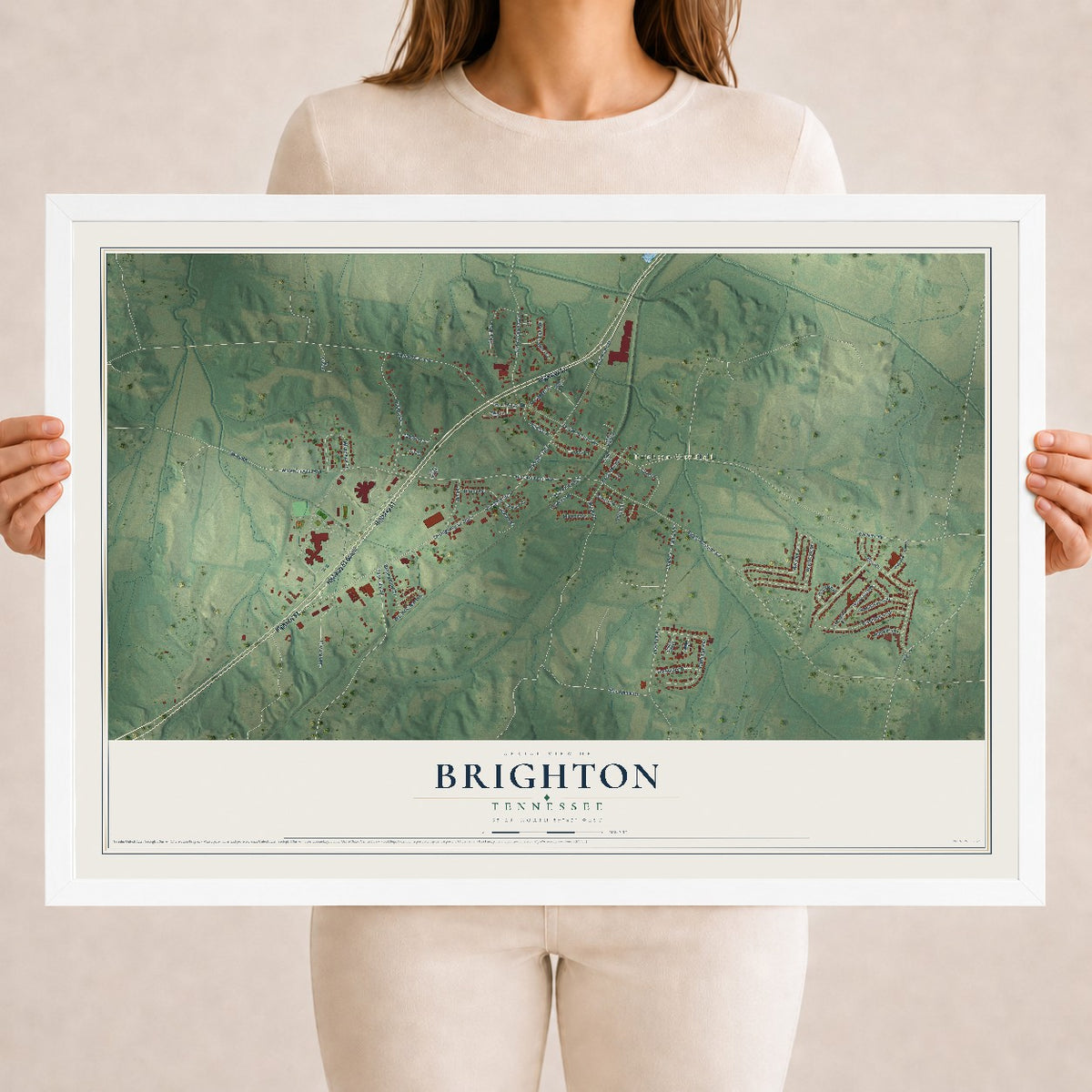 Map of Brighton, Tennessee, 18 x 24 inch print in a white wood frame