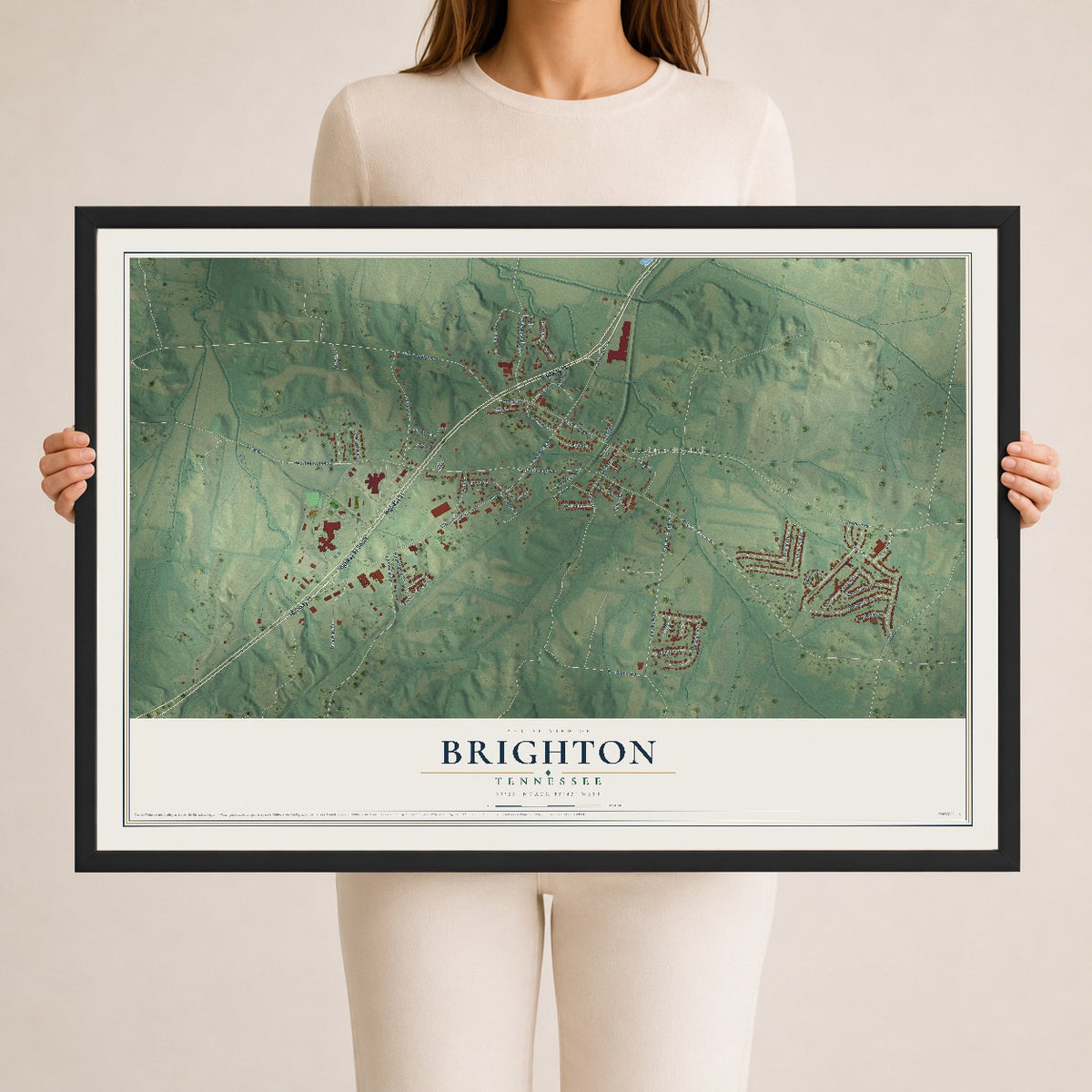 Map of Brighton, Tennessee, 24 x 36 inch print in a black wood frame