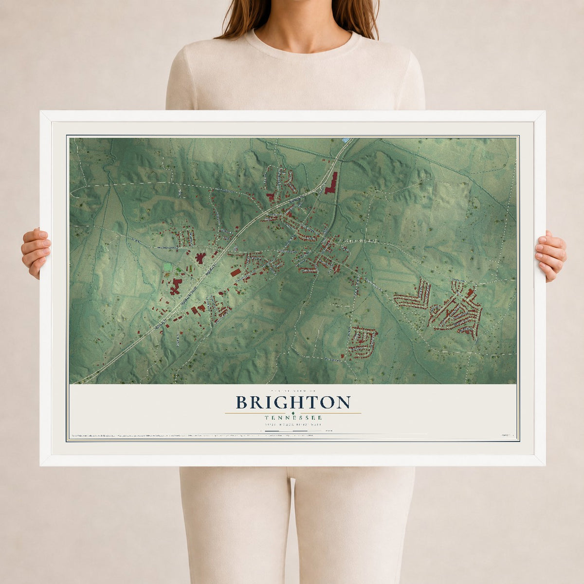 Map of Brighton, Tennessee, 24 x 36 inch print in a white wood frame