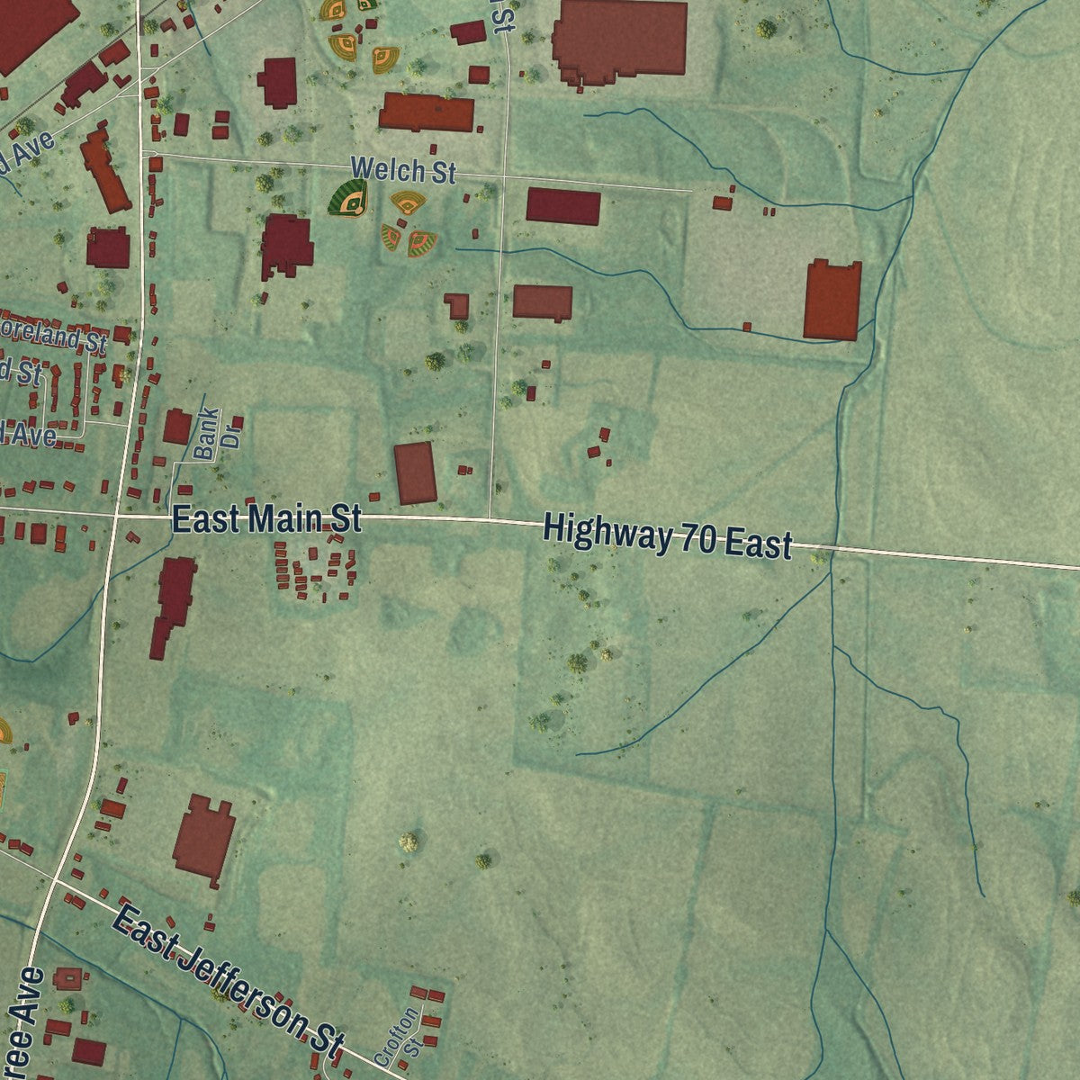 Second close-up of the map of Brownsville, Tennessee print showing more streets and buildings