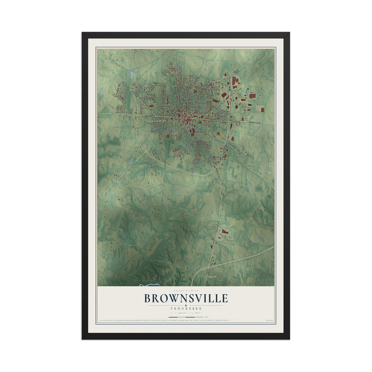 Map of Brownsville, Tennessee, 12 x 18 inch print in a black wood frame