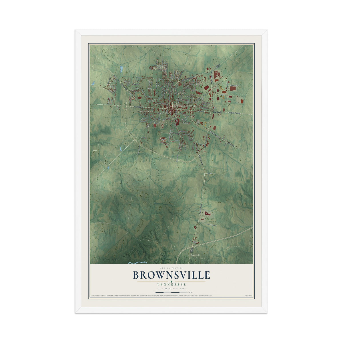 Map of Brownsville, Tennessee, 12 x 18 inch print in a white wood frame