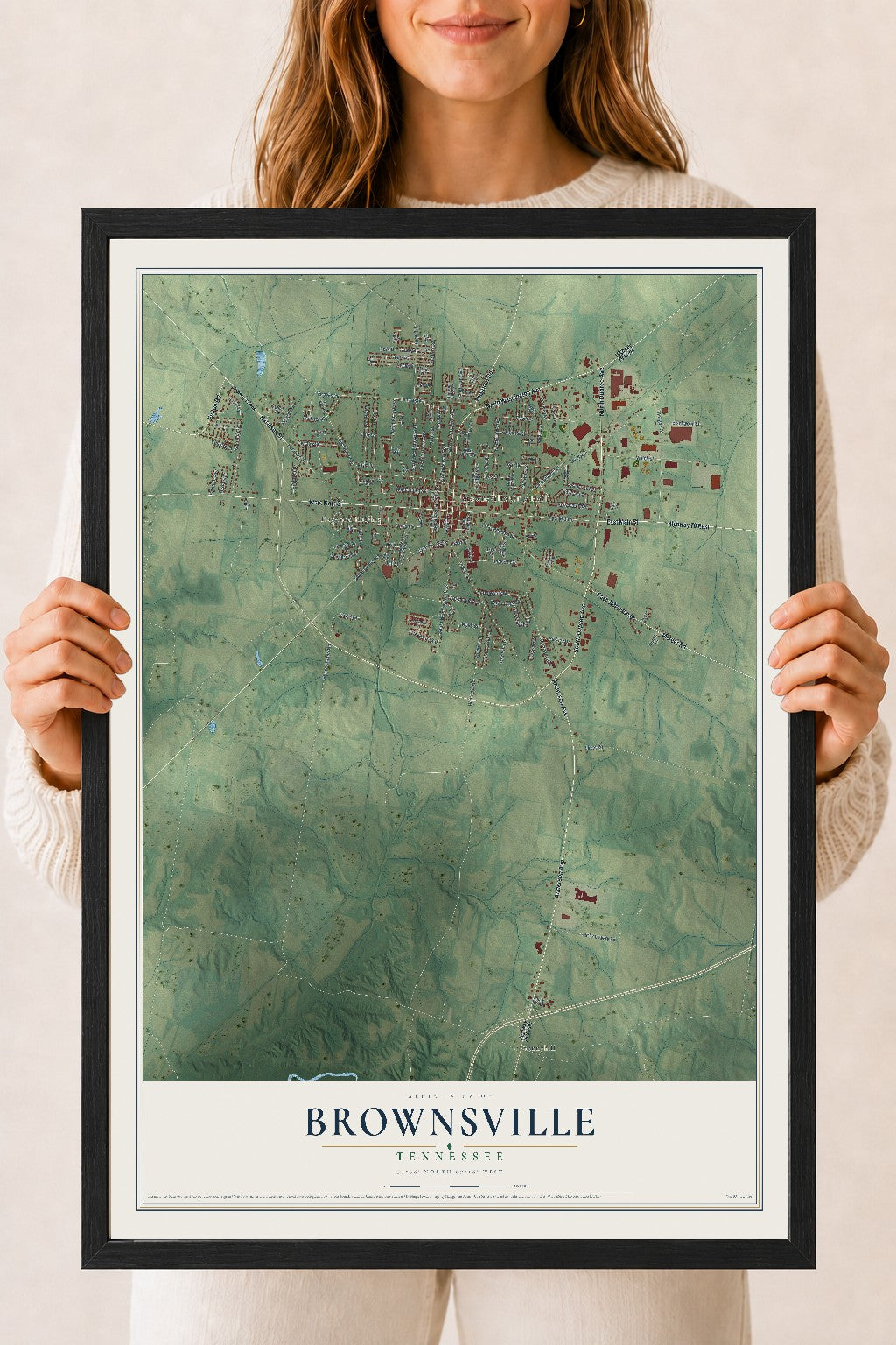 Map of Brownsville, Tennessee, 18 x 24 inch print in a black wood frame