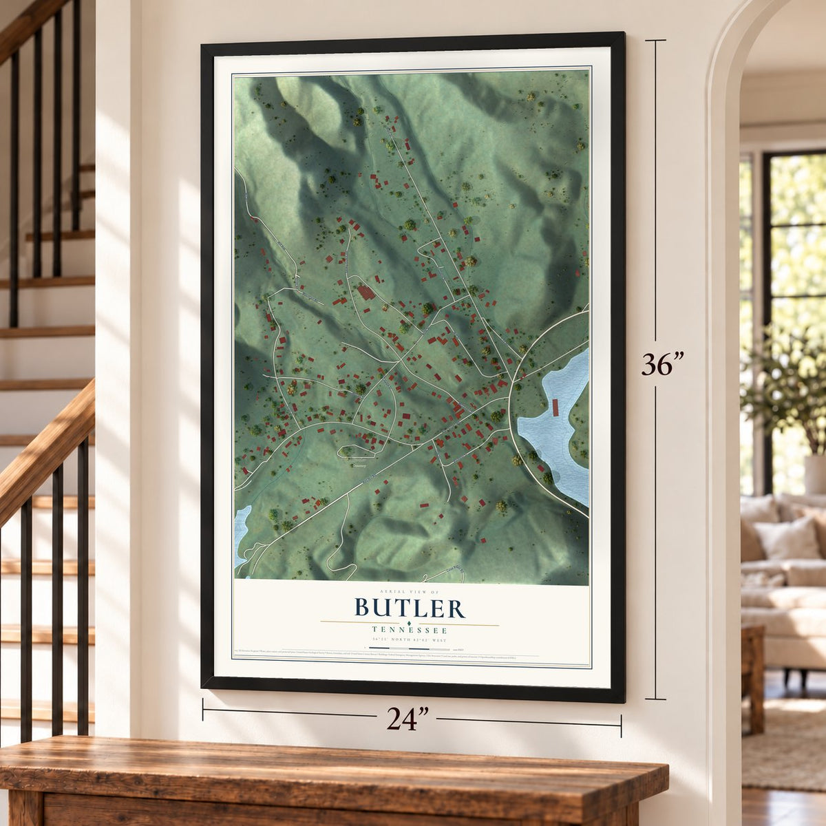 Butler, Tennessee map, 24 x 36 inch print in a black frame by a staircase