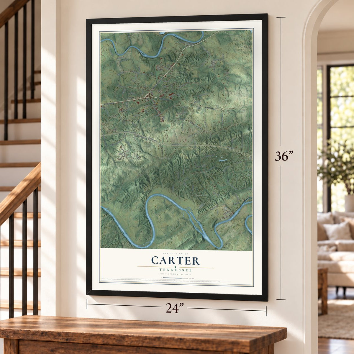 Carter, Knox County, Tennessee map, 24 x 36 inch print in a black frame by a staircase