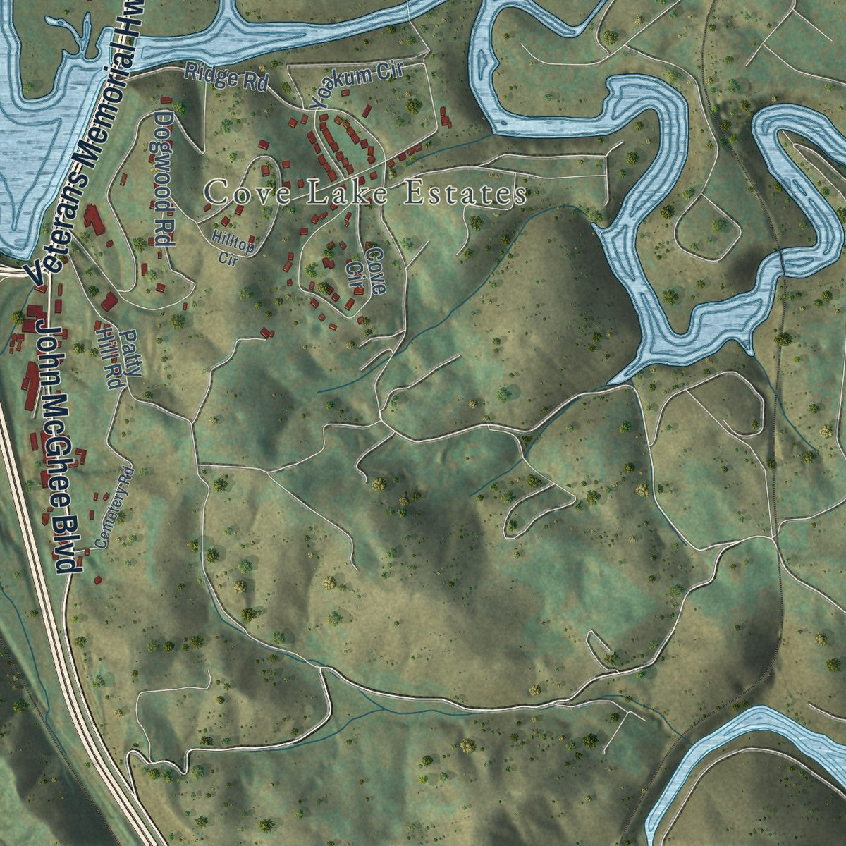 Second close-up of the map of Caryville, Tennessee print showing more streets and buildings