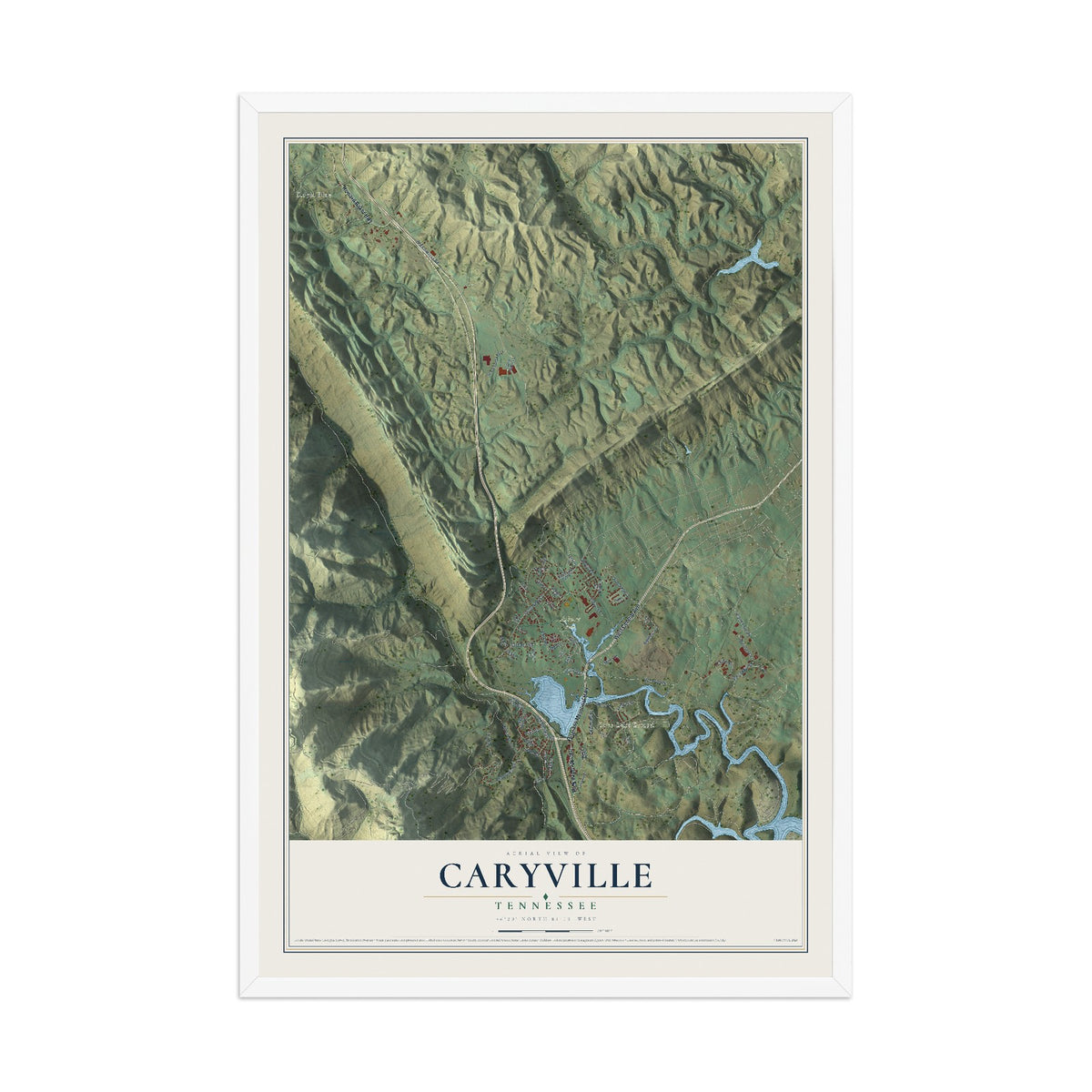 Map of Caryville, Tennessee, 12 x 18 inch print in a white wood frame