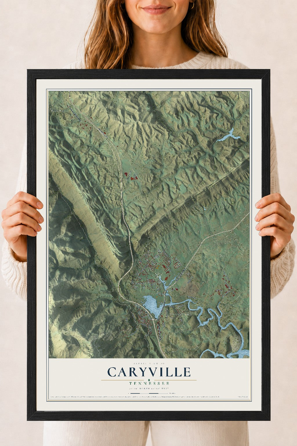 Map of Caryville, Tennessee, 18 x 24 inch print in a black wood frame