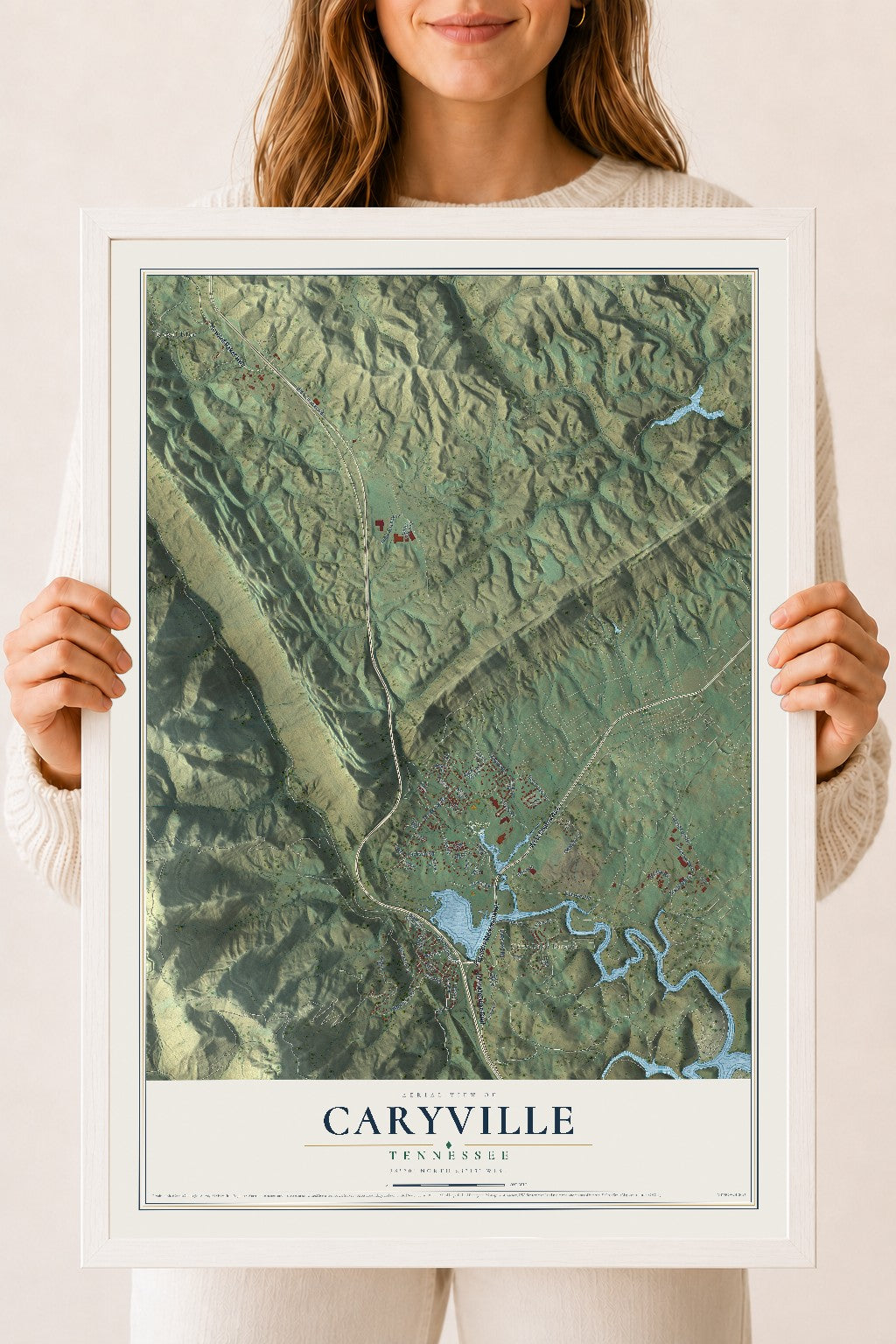 Map of Caryville, Tennessee, 18 x 24 inch print in a white wood frame