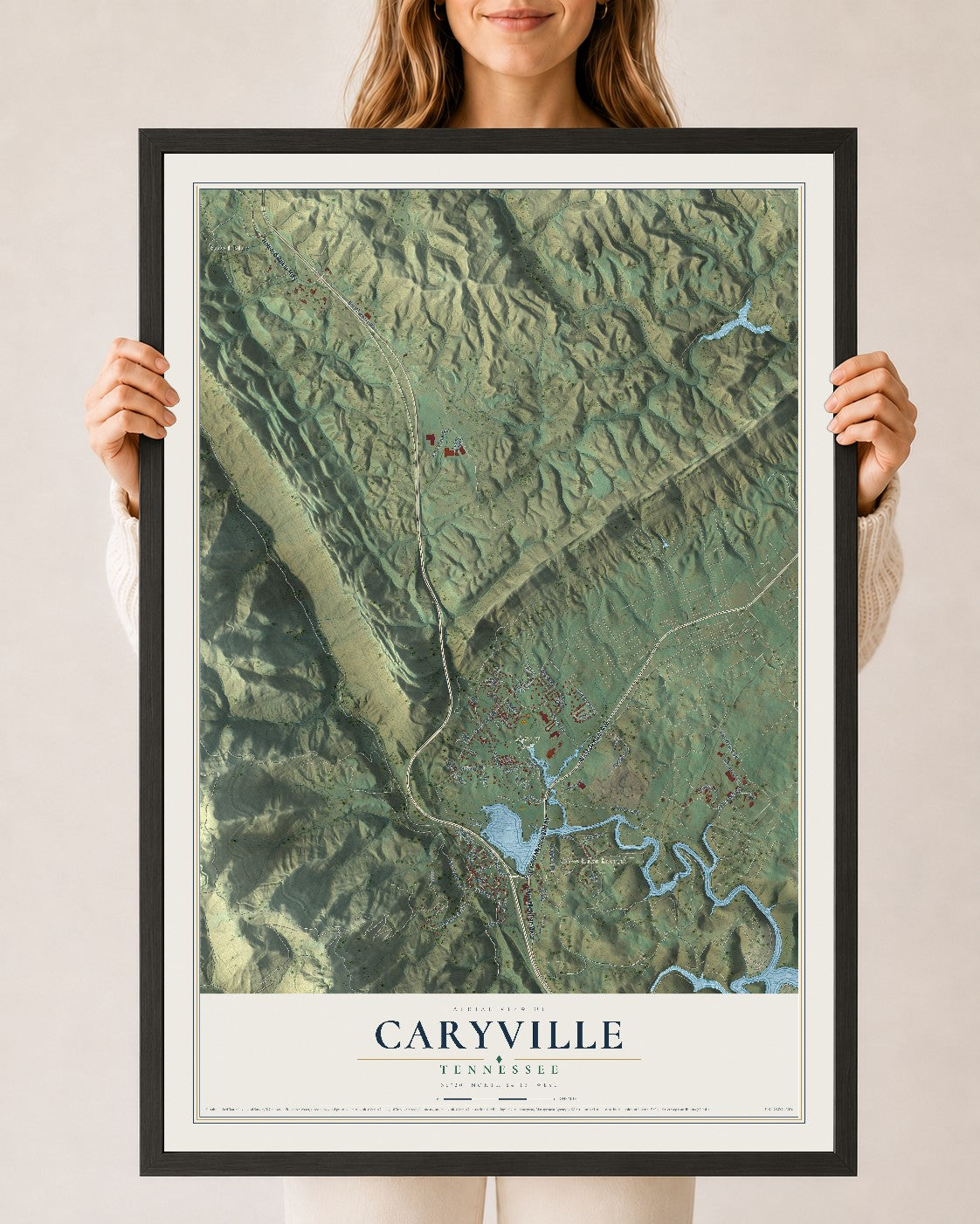 Map of Caryville, Tennessee, 24 x 36 inch print in a black wood frame