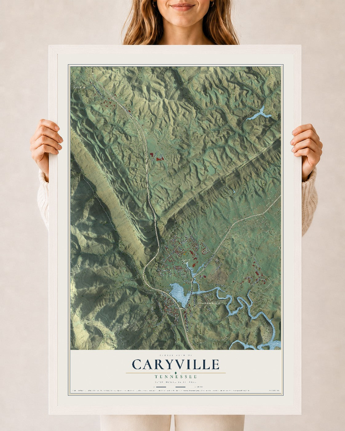 Map of Caryville, Tennessee, 24 x 36 inch print in a white wood frame