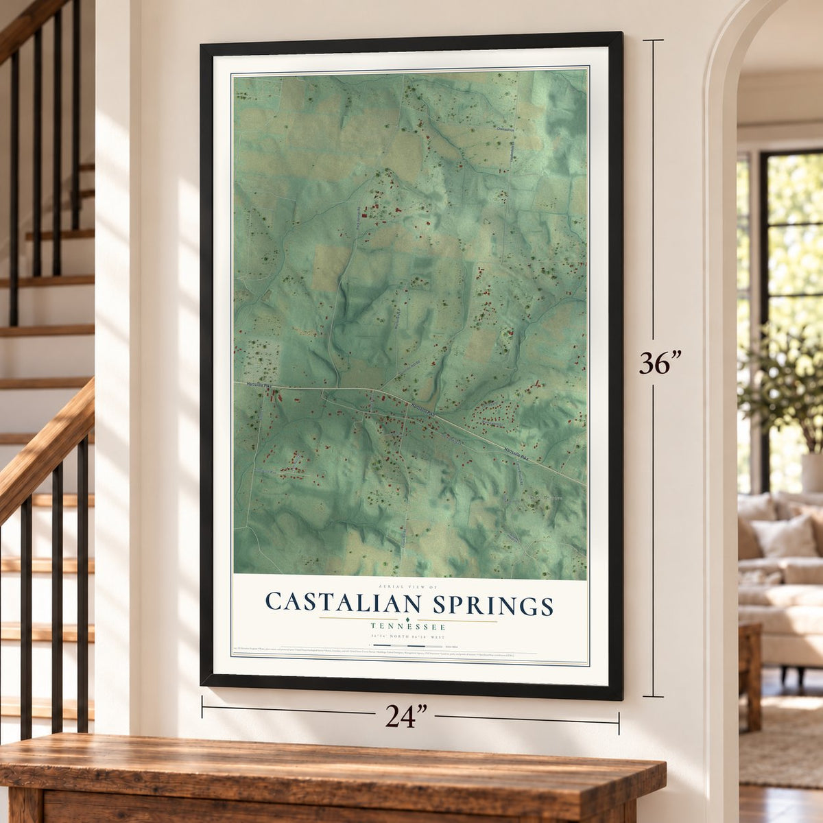 Castalian Springs, Tennessee map, 24 x 36 inch print in a black frame by a staircase