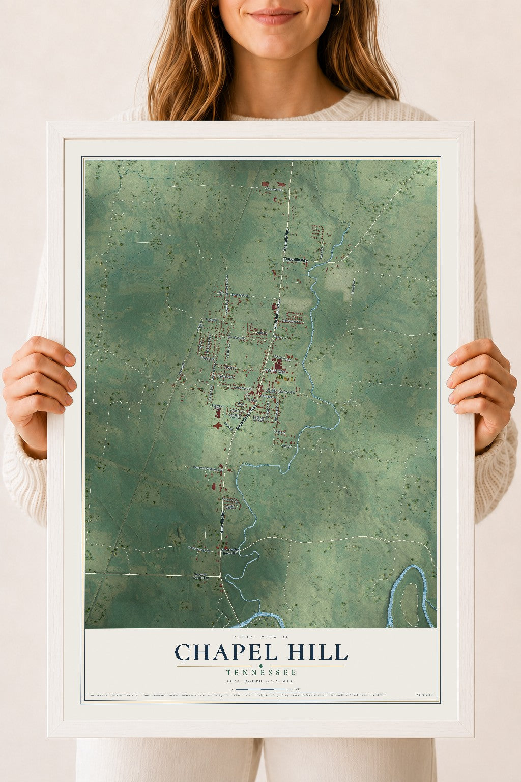 Map of Chapel Hill, Tennessee, 18 x 24 inch print in a white wood frame