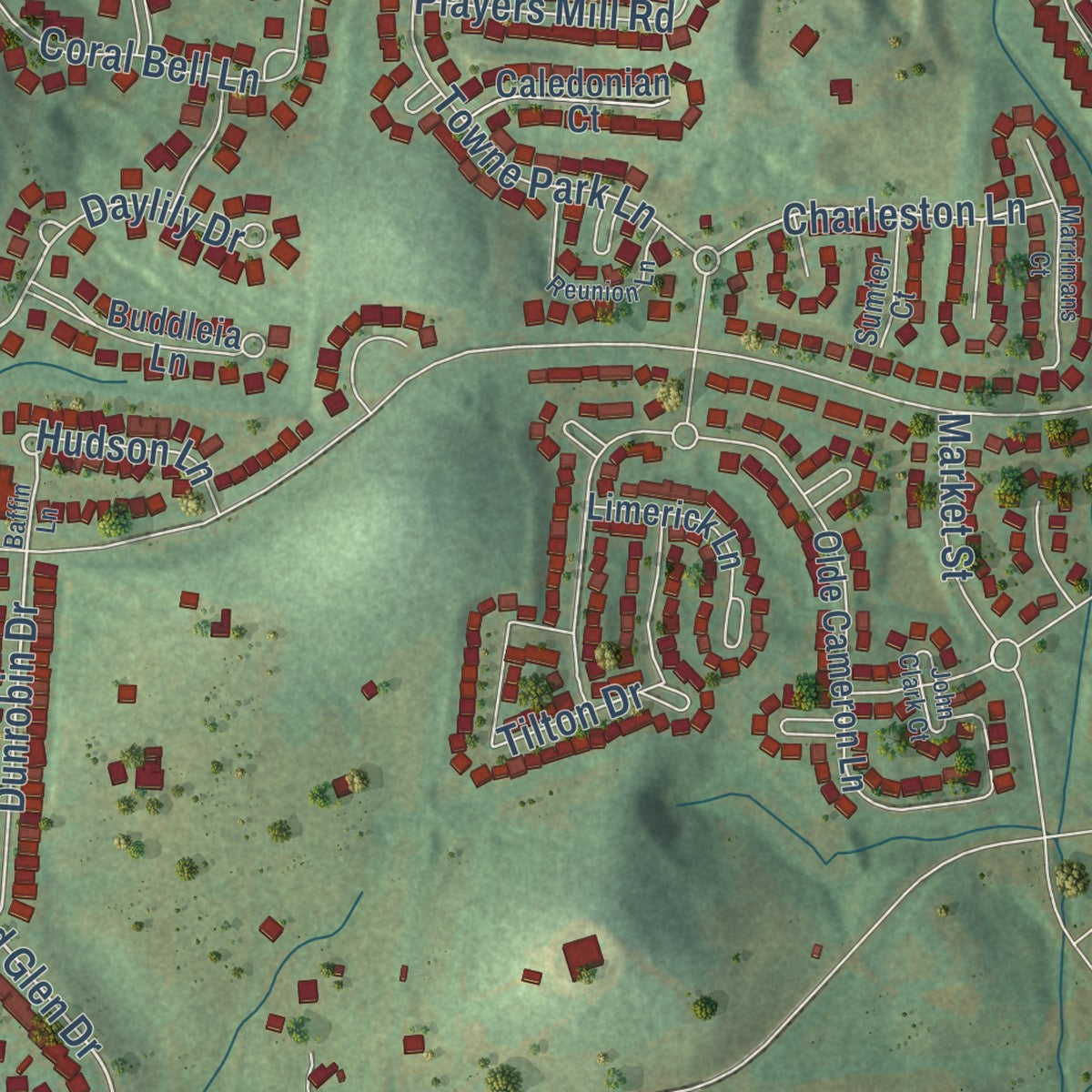 Close-up of the map of Clovercroft, Tennessee print showing street and building detail