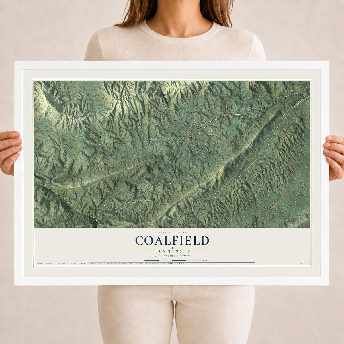 Map of Coalfield, Tennessee, 18 x 24 inch print in a white wood frame